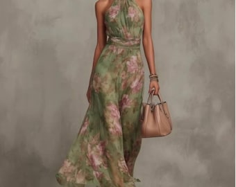 Boho Floral Neckholder Maxi Kleid - fließender Sommer Strand Stil