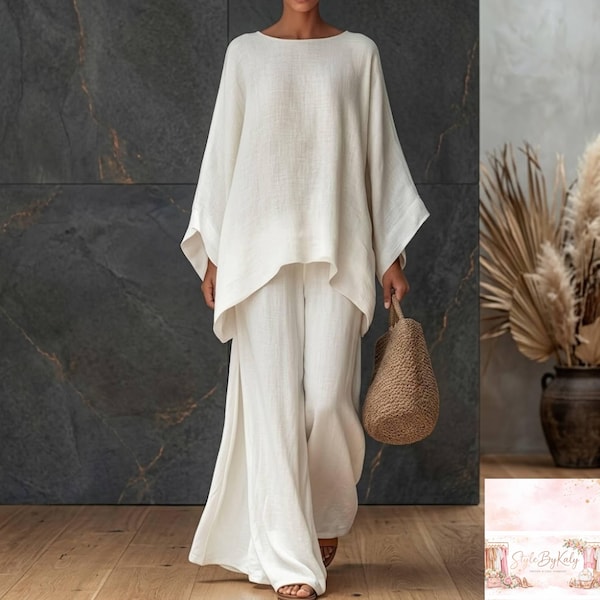 Boho Lounge Set | Cotton Linen Kaftan Top Wide Leg Pants Minimalist Resort Outfit Set