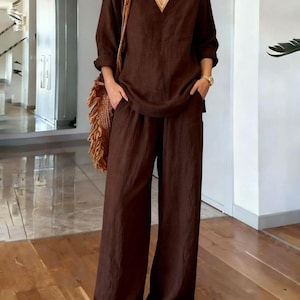 Conjunto de salón de algodón hecho a mano: top holgado y pantalón ancho para mujer