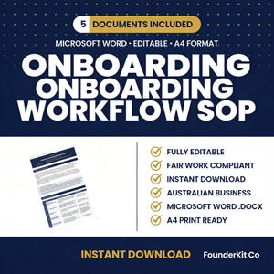 May include: A dark blue graphic with the words "ONBOARDING WORKFLOW SOP" in large white letters. The image also includes a document preview and bullet points with text such as "FULLY EDITABLE" and "INSTANT DOWNLOAD".
