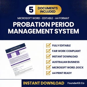 May include: A navy blue graphic with the text "PROBATION PERIOD MANAGEMENT SYSTEM". The image includes the text "5 DOCUMENTS INCLUDED", "MICROSOFT WORD", and "A4 FORMAT". Also includes a document preview and checkmarks.