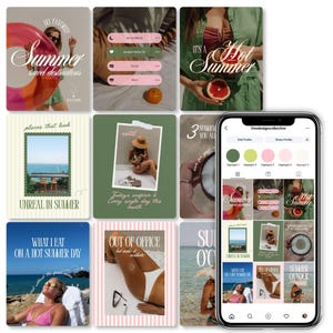 以下が含まれることがあります： VeedesigncollectiveというタイトルのInstagramプロフィールグリッドを表示するスマートフォン。夏をテーマにした9つの正方形のソーシャルメディア投稿テンプレート、テキストオーバーレイ、緑、ピンク、白の色調のカラーパレットが特徴です。