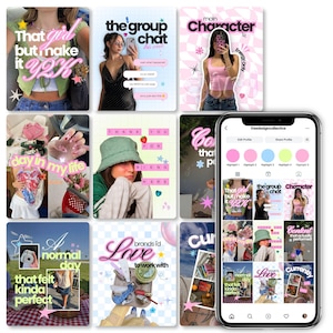 May include: A digital display of a social media profile grid featuring multiple square images with Y2K-inspired graphic overlays, text, and stickers, shown on a smartphone screen with a white interface and circular highlight icons at the top.