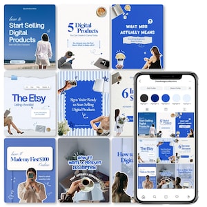 Könnte beinhalten: Ein Smartphone zeigt ein Instagram-Profilraster namens Veedesigncollective mit mehreren blau-weißen Grafikdesign-Vorlagen für digitale Produkte, einschließlich Textüberlagerungen über den Verkauf, Einkommensströme und Produktbeschreibungen.