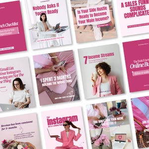 May include: A collection of twelve digital marketing graphics featuring pink and white color schemes, various business-related text overlays, and photographs of individuals working with laptops, smartphones, and coffee cups in professional settings.