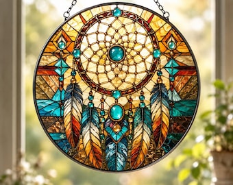 Dreamcatcher Stained Glass Suncatcher for Window Hanging, Native American Sacred Web Light Catcher, Indigenous Heritage Prism Ornament Gift