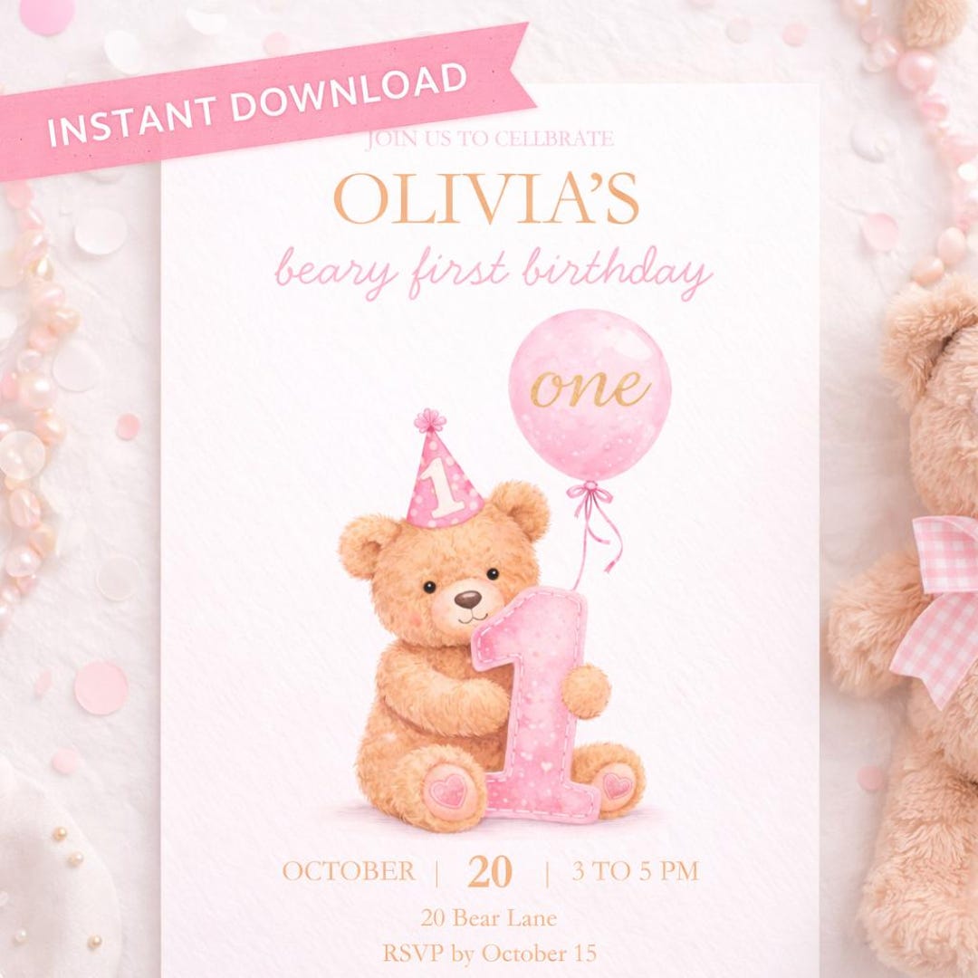 Girls Beary First Birthday Invitation Template | Teddy Bear Pink Invite ...