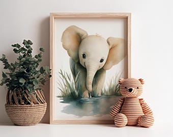 Art mural pour chambre d'enfant éléphant - Poster animal Safari - Impression aquarelle - Poster pour chambre d'enfant - Déco pour chambre de bébé - Art mural neutre pour chambre d'enfant