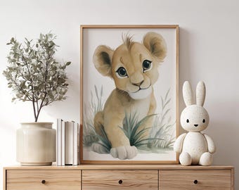 Art mural lion pour décoration d'intérieur - Impressions neutres aquarelle animaux de safari pour chambre de bébé