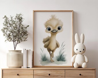 Art mural de chambre d'autruche - affiche d'animaux de safari - impression aquarelle - affiche de chambre de bébé - décoration de chambre de bébé - art mural neutre de chambre d'enfants