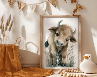 Art mural pour chambre de bébé Buffalo - Poster animal Safari - Impression aquarelle - Poster de chambre de bébé - Déco chambre de bébé - Art mural neutre pour chambre d'enfant