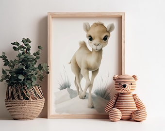 Art mural chameau pour chambre d'enfant - Poster animal Safari - Impression aquarelle - Poster pour chambre de bébé - Déco chambre de bébé - Art mural neutre pour chambre d'enfant