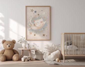 Art mural chat pour chambre de bébé, affiche pour chambre de bébé, impression d'animal, affiche de chambre de bébé, décoration pour chambre de bébé, décoration murale neutre pour chambre d'enfant