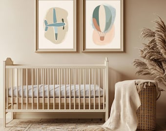 Lot de 2 oeuvres d'art murales pour chambre de bébé - Montgolfière et avion - Impressions scandinaves pour enfants