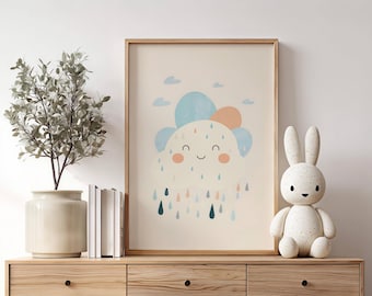 Art mural nuage pluie, décoration neutre pour chambre de bébé, affiche pastel pour enfants, impression chambre de bébé scandinave minimaliste, art mural apaisant, ciel