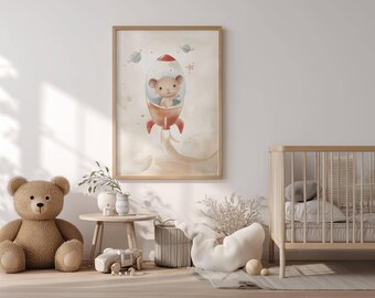 Poster d'art mural souris fusée, décoration de chambre de bébé espace, impression de chambre d'animal mignon, art mural de chambre d'enfants