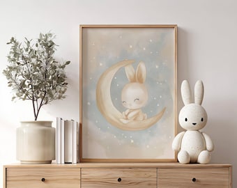 Décoration murale pour enfants Bunny Moon - Ciel neutre, imprimés animaliers pour chambre de bébé, décoration pour chambre de bébé