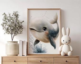 Art mural baleine - Poster animal océan - Impression aquarelle - Poster de chambre d'enfant - Déco chambre de bébé - Art mural neutre pour chambre d'enfant