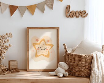 Art mural étoile pour chambre d'enfant - Poster ciel - Impression neutre pour chambre de bébé - Poster beige pour chambre de bébé - Déco chambre de bébé - Art mural neutre pour chambre d'enfant