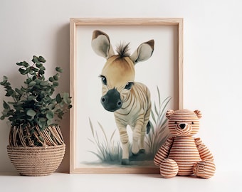 Art mural zèbre pour chambre d'enfant - Poster animal Safari - Impression aquarelle - Poster pour chambre de bébé - Déco pour chambre de bébé - Art mural neutre pour chambre d'enfant