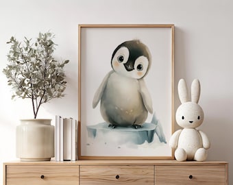 Art mural pingouin pour décoration de chambre de bébé - Impressions aquarelle neutres d'oiseaux de chambre d'enfant