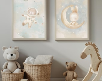 Space Nursery Wall Art – Neutral Bunny Astronaut Bear Kids Moon Animal Prints