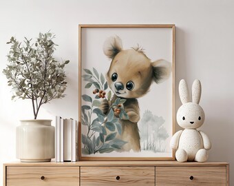 Art mural ours pour chambre d'enfant - Poster animal de la forêt - Impression aquarelle - Poster de chambre d'enfant - Déco chambre de bébé - Art mural neutre pour chambre d'enfant