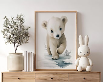 Art mural ours polaire pour chambre de bébé - Imprimés animaliers pour chambre de bébé à l'aquarelle neutre