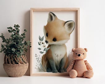 Art mural pour chambre d'enfant renard - Poster animal de la forêt - Impression aquarelle - Poster de chambre d'enfant - Déco chambre de bébé - Art mural neutre pour chambre d'enfant