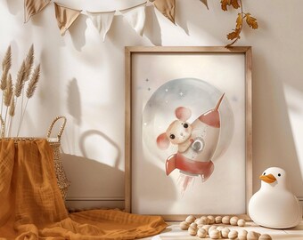 Oeuvre d'art murale pour chambre d'enfant dans l'espace - Motifs animaux neutres Mouse Rocket Kids