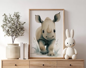 Art mural pour chambre d'enfant rhinocéros - Poster animal Safari - Impression aquarelle - Poster pour chambre de bébé - Déco chambre de bébé - Art mural neutre pour chambre d'enfant