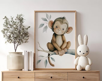 Art mural singe - affiche animal safari - impression aquarelle - affiche de chambre d'enfant - décoration de chambre de bébé - art mural neutre pour chambre d'enfant