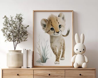Art mural pour chambre d'enfant guépard - Poster animal Safari - Impression aquarelle - Poster pour chambre de bébé - Déco chambre de bébé - Art mural neutre pour chambre d'enfant
