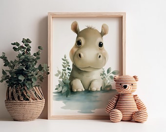 Art mural hippopotame - Poster animal Safari - Impression aquarelle - Poster de chambre d'enfant - Déco chambre de bébé - Art mural neutre pour chambre d'enfant