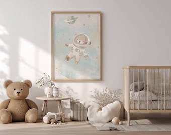 Astronaut Bear Wall Art For Kids – Neutral Space Nursery Poster For Baby Room Decor