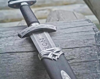 Hand Forged Damascus Steel Viking Sword, 10th Century Type R, Bog Oak Hilt, Sterling Silver