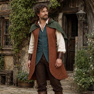 Men’s Foxglove Inn Host LARP Costume, Chestnut Medieval Long Vest, Teal Waistcoat and Pants, Renaissance Faire Outfit XXS–8XL