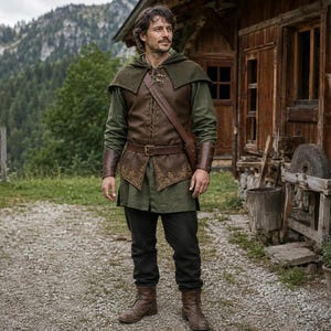 Men’s Alpine Tracker LARP Costume, Brown Leather Lace Up Jerkin with Green Hooded Tunic, Ranger Ren Faire Outfit XXS–8XL