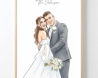 Aquarelle personnalisée pour portrait de mariage - Anniversaire, couple, cadeau de fiançailles