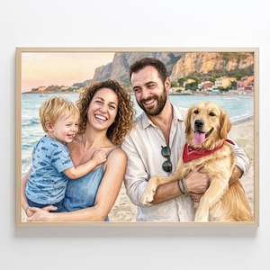 Ritratto di famiglia personalizzato ad acquerello con un animale domestico, ricordo personalizzato, dipinto di famiglia ad acquerello fatto a mano, regalo dipinto disegnato a mano