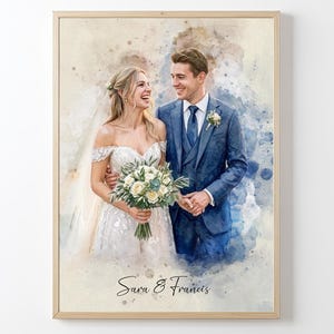 May include: A watercolour portrait of a couple on their wedding day. The person on the left wears an off-the-shoulder white lace gown and holds a bouquet of white roses. The person on the right wears a blue suit. The text reads Sara & Francis.