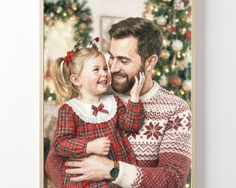 Gepersonaliseerd kerstcadeau voor Vaderdag, gepersonaliseerd familieportret in aquarel, handgetekende kerstschildering in aquarel, kerstcadeau, kerstidee