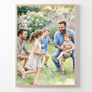 Può includere: Un'illustrazione in stile acquerello che raffigura due adulti e tre bambini in un giardino. Un adulto indossa una camicia a quadri e pantaloncini beige, mentre l'altro indossa una camicia blu e jeans. I bambini indossano abiti estivi casual.