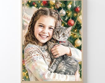Custom Christmas Watercolor Cat Gift, Personalized Xmas Cat and Owner Portrait, Christmas Gift, Xmas Gift, Best Friend Cat