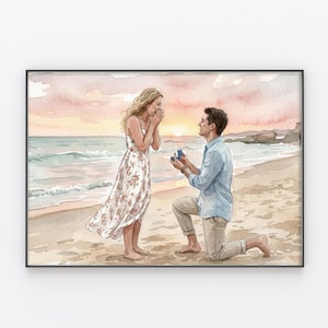 Può includere: Dipinto ad acquerello di una proposta di matrimonio sulla spiaggia. Un uomo si inginocchia, presentando un anello a una donna con un abito floreale. Lo sfondo presenta un tramonto sull'oceano, con tenui sfumature rosa e arancioni.