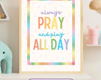 Colorful Christian Kids Wall Art Rainbow Encouraging Playroom Printable Children’s Calm Corner Decor Cute Playful Nursery Prayer Nook Art