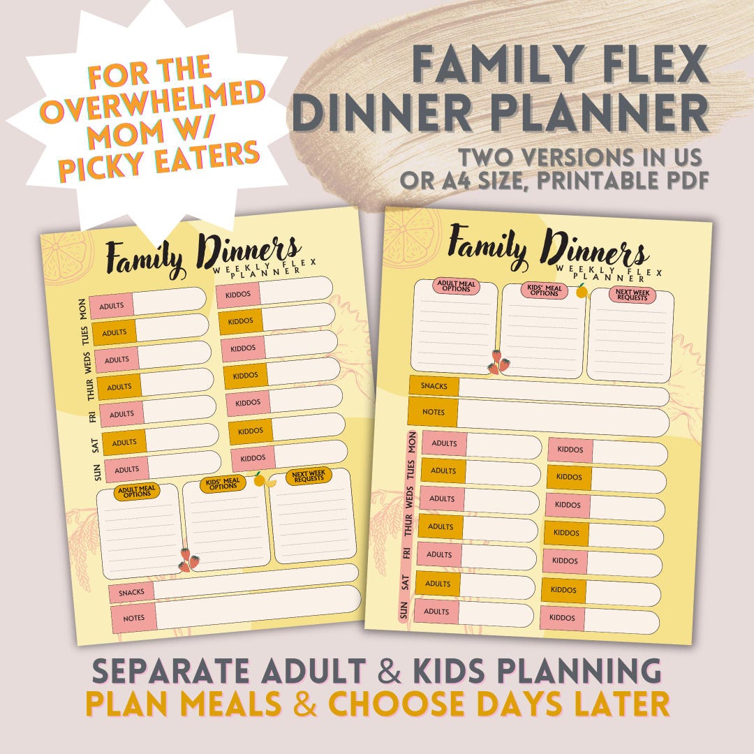 Picky Eater Family Flex, Weekly Dinner Planner | Printable Meal ...