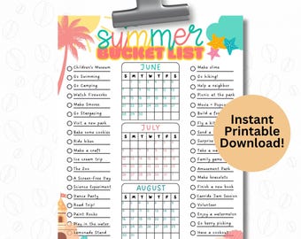 2026 Summer Calendar Poster Summer Fun Bucket List Family Planner Activities Checklist Printable Instant Digital Download