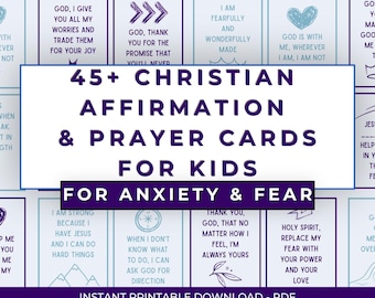 Christian Affirmation Cards for Kids Printable | 45+ Anxiety Affirmations and Prayer Cards | Encouraging Bible Verse Cards for Children