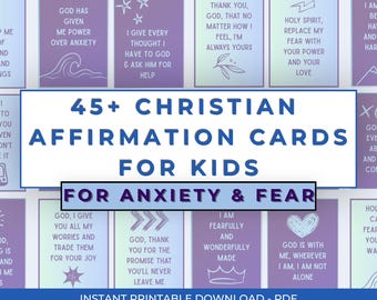 Printable Christian Affirmation Cards for Kids | 45+ Anxiety Affirmations and Prayer Cards | Encouraging Bible Verse Cards for Children